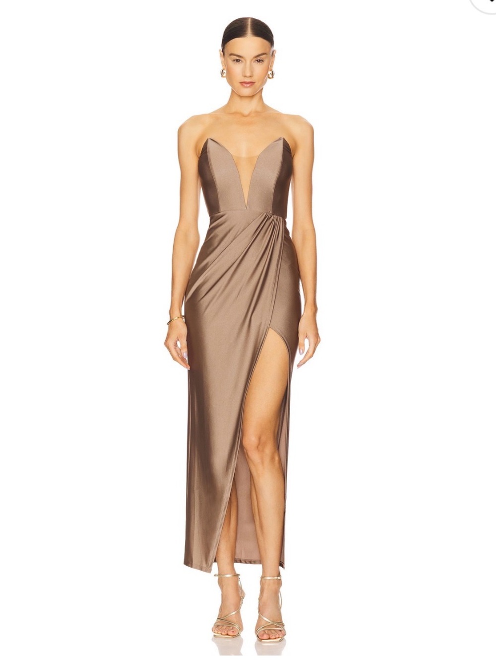 Michael Costello Satin Plunge Jake Gown with Side Slit
